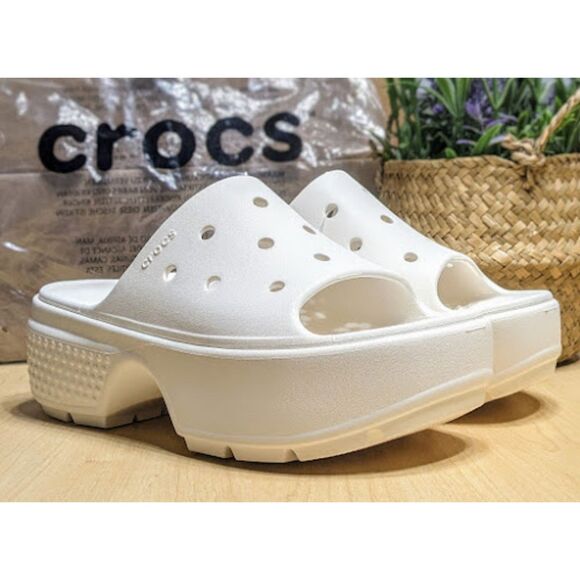 CROCS Chalk White Stomp Slide Sandals Women's Size 10 NWT - Picture 1 of 13